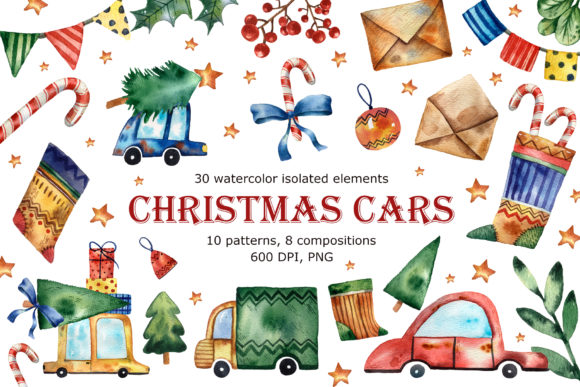 Christmas Cars - Watercolor Clip Art: Elevating Holiday Design with Hand-Painted Assets