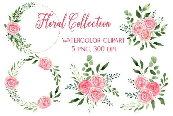 Evaluating Watercolor Pink Roses Bouquets Wreaths for Digital Design