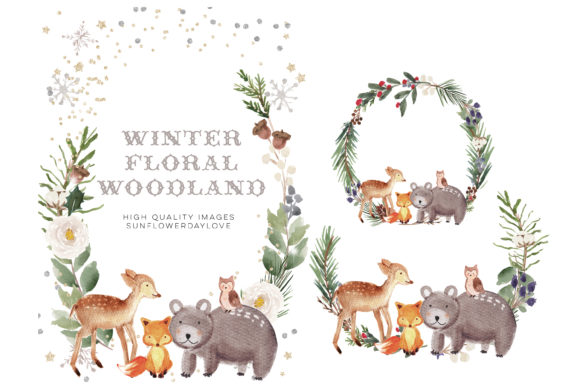 Frame Watercolor Winter Woodland & Animal Assets