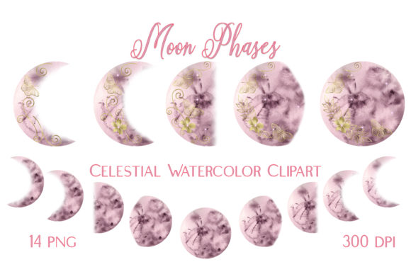 Moon Phases Celestial Watercolor Clipart