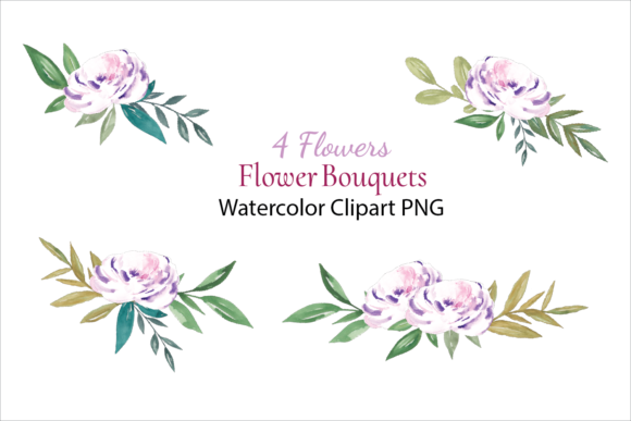 Watercolor 4 Flower Bouquets: Handpainted PNG Assets