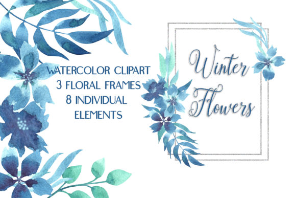 Watercolor Blue Flowers Clipart: Elevating Winter Design with Navy Florals and Geometric Frames