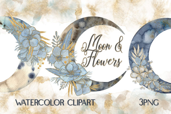 Watercolor Boho Moon Flower Clipart